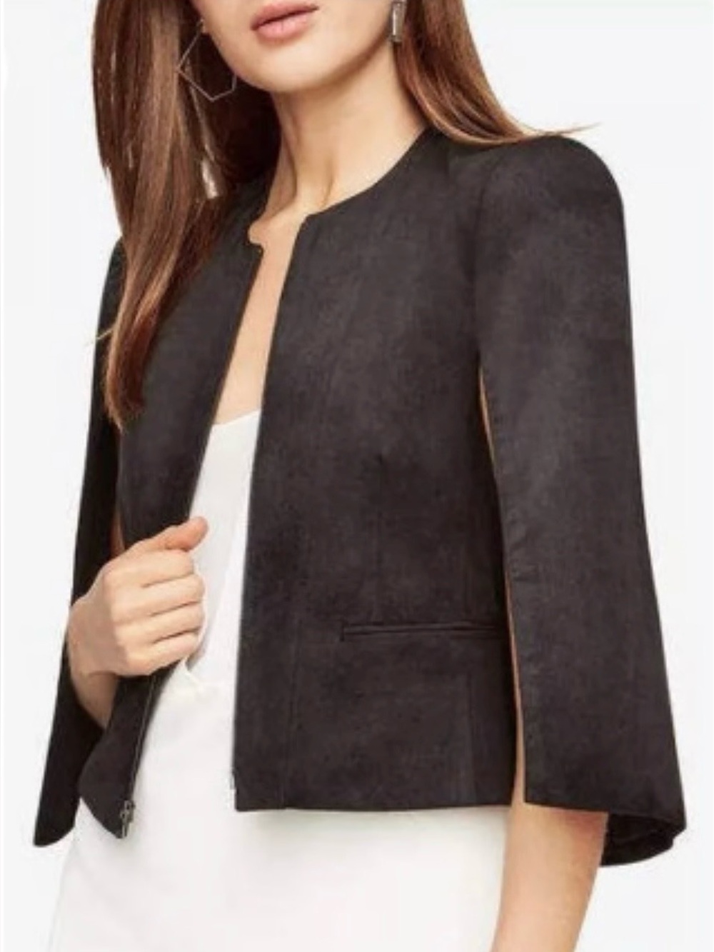 BCBGMAXAZRIA Black Vegan Suede Cape Sleeve Jacket